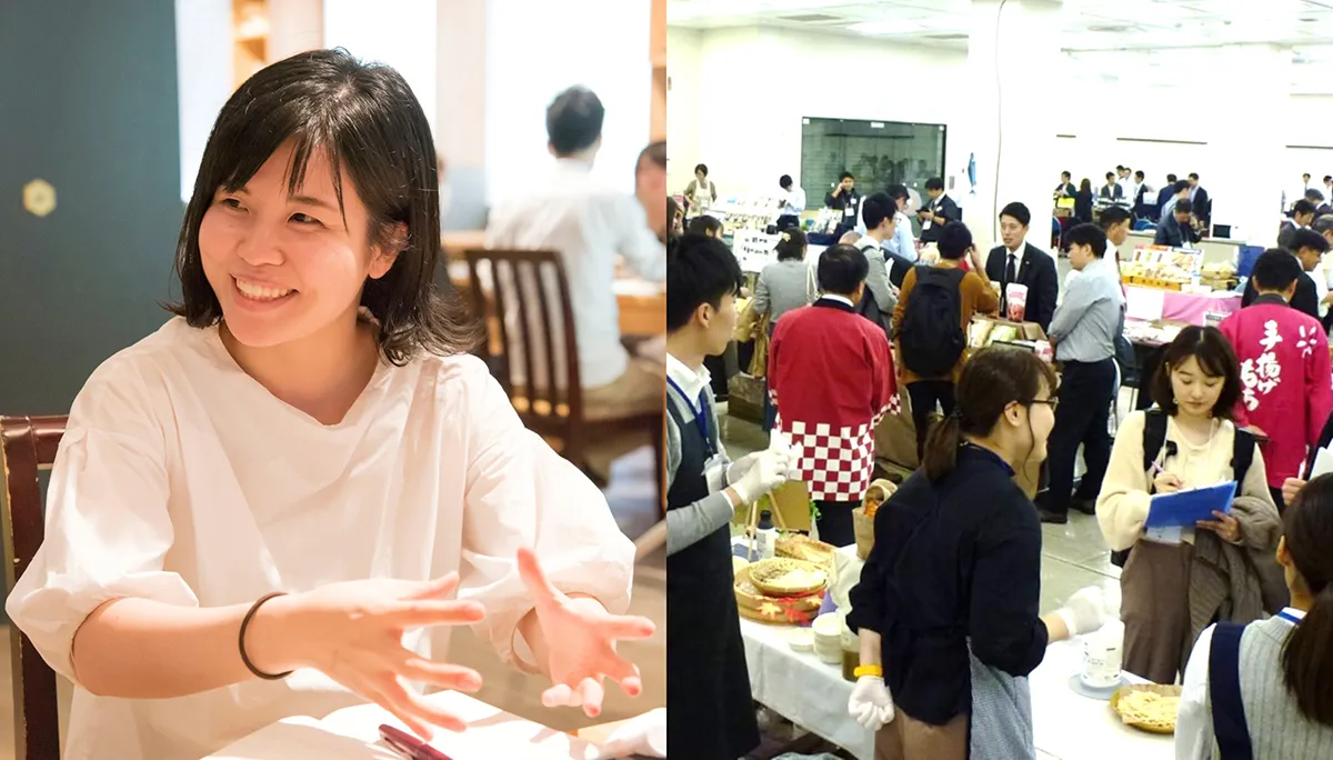 お話いただいたECマーケティング部の竹前 千春 様(左)、社内向けの商品展示会は全国の店長が一堂に会し賑わう(右)
