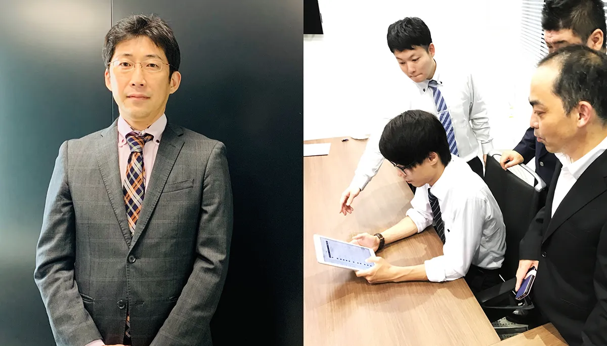 営業部・採用トレーニング課・課長の渡部 将史  様（左）集合研修においてもノービルを活用することで、配信教育を根付かせている（右）