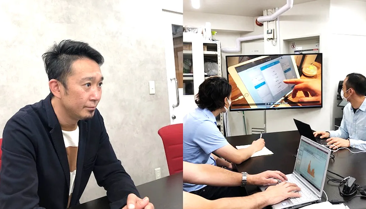 人材開発課の井上課長（左）店長向けの定期研修。焼肉ライクの特徴のひとつであるタッチパネルの設定方法について研修を実施している様子（右）