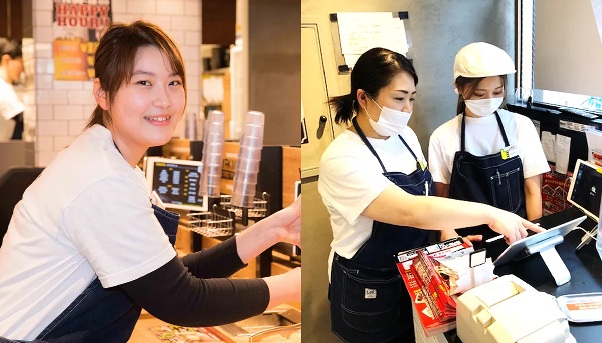 充実、安心の教育体制のもと、生き生きと働くスタッフ（左）店長がノービルを使いながら指導（右）